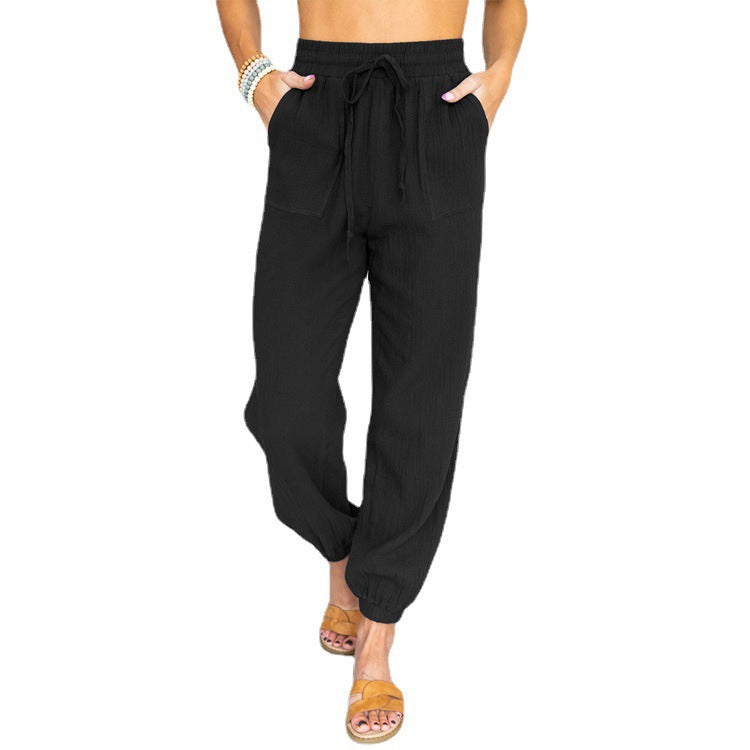 Damen nan leichte Leinenoptik Freizeit-Hose mit hohem elastischem Bund, Kordelzug, aufgesetzten Taschen und elastischen Knöchelbündchen Drune