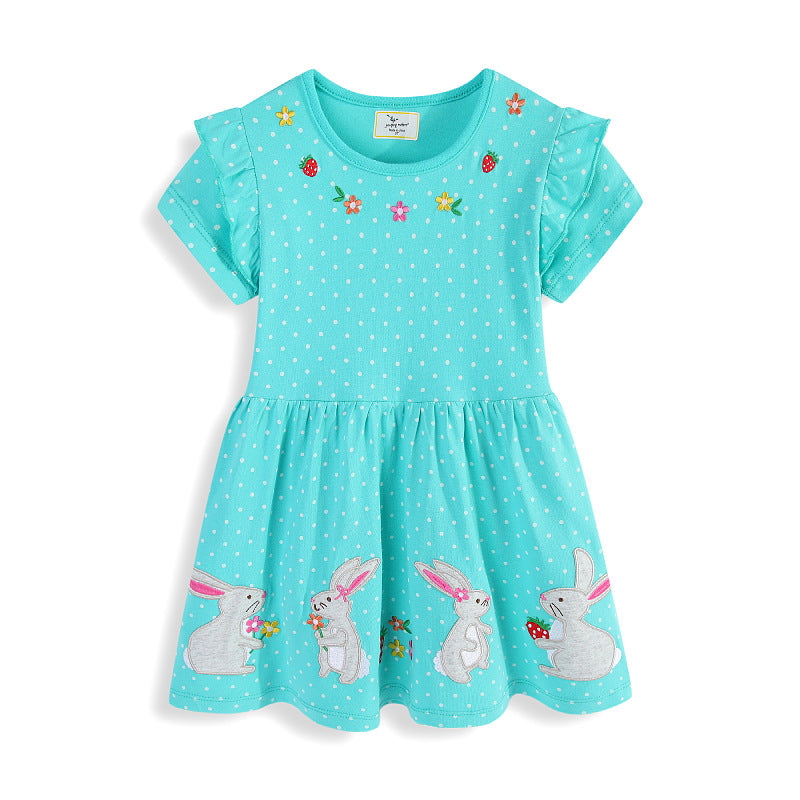 Mädchen Kurzarm Kleid mit verspieltem Hasen- und Blumenmotiv Drune