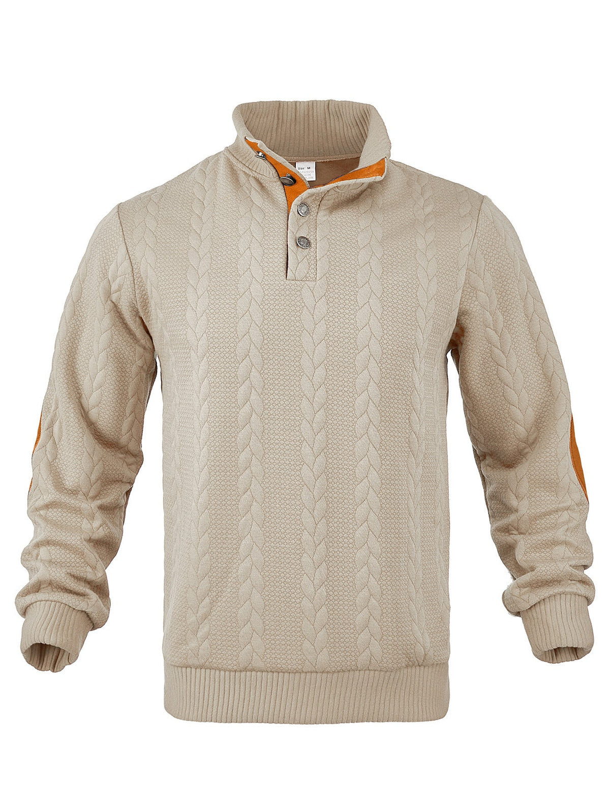 Herren nan Zopfmuster-Pullover mit Stehkragen, halber Knopfleiste und Ellbogenpatches Drune