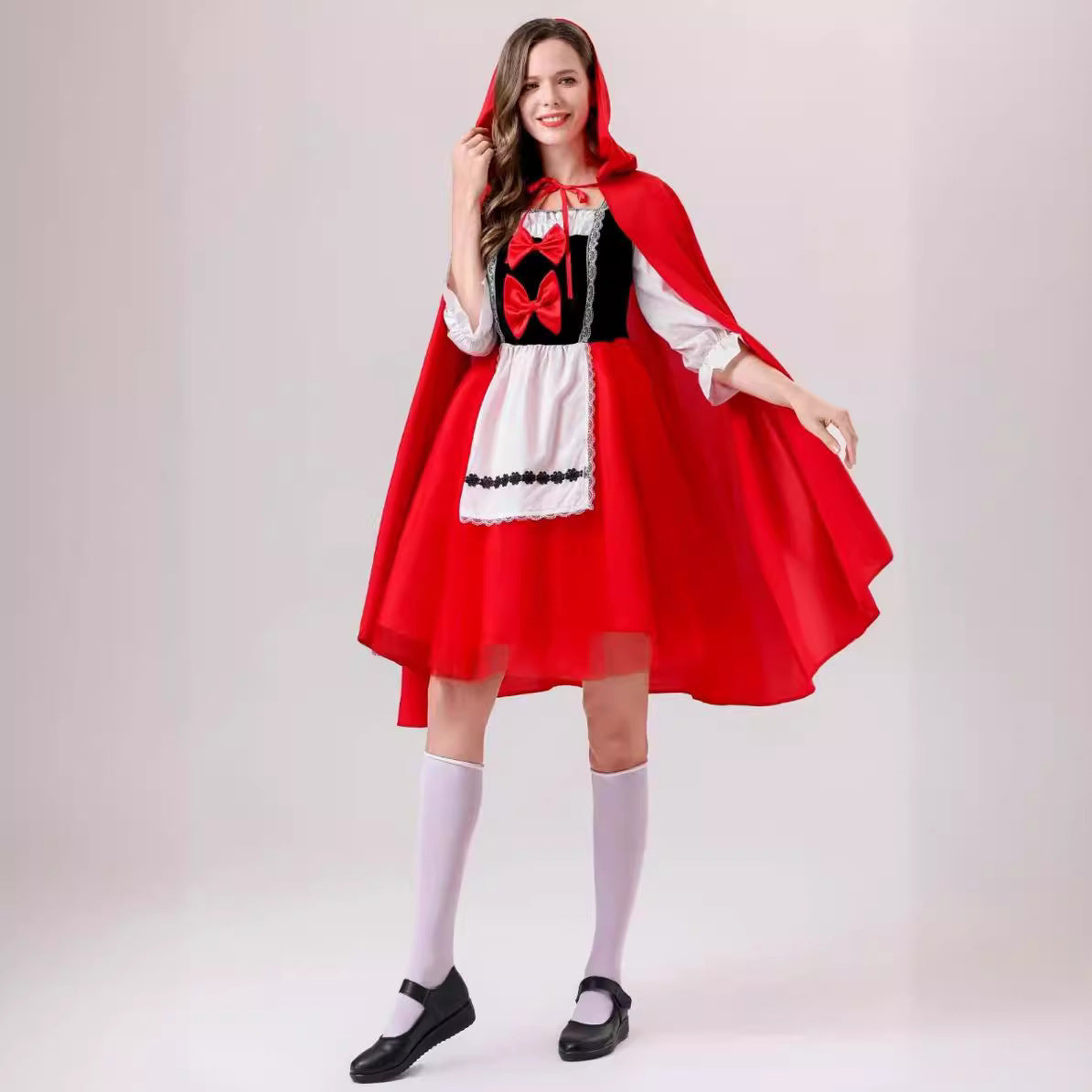 Damen nan klassisches Märchenkostüm mit Kapuze, Tüllrock und Schürze Drune