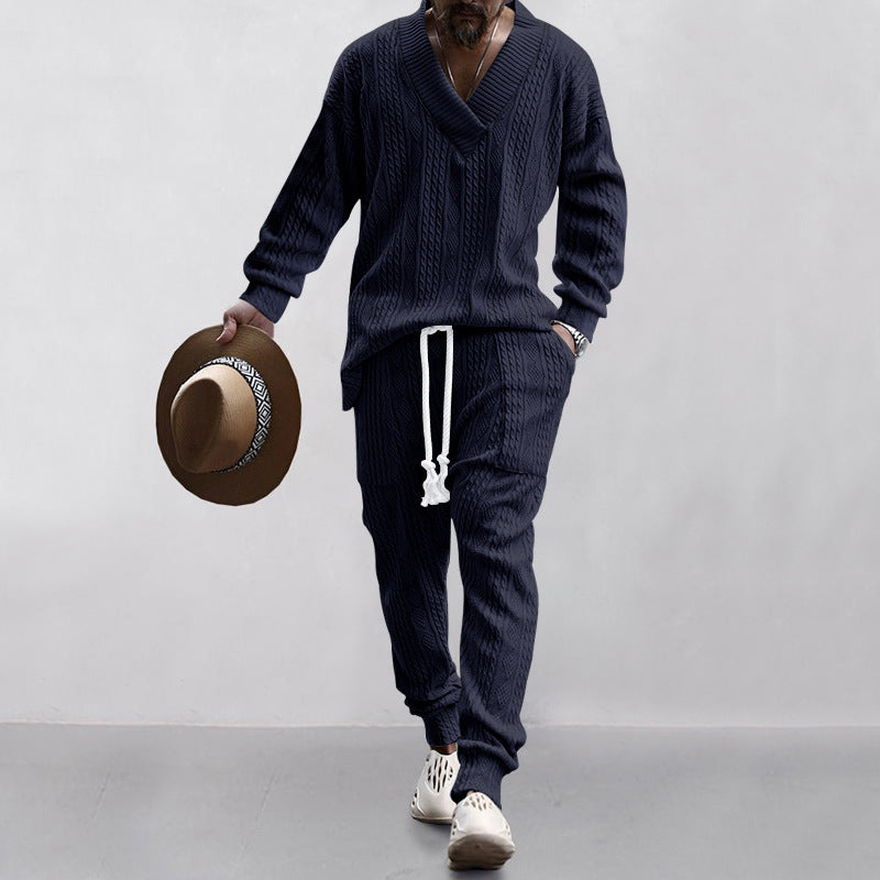 Herren nan gestricktes Lounge-Set mit V-Ausschnitt, Kabelstruktur und Kordelzug-Jogginghose Drune
