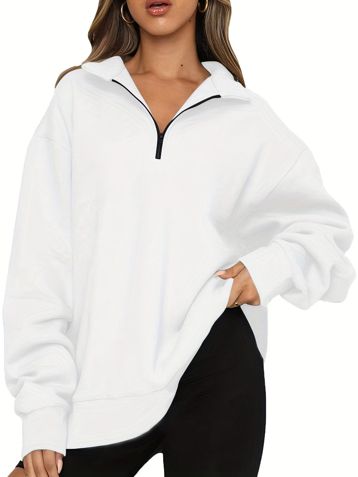 Damen nan Oversized Sweatshirt mit Kurzreißverschluss, Stehkragen und Kängurutasche Drune