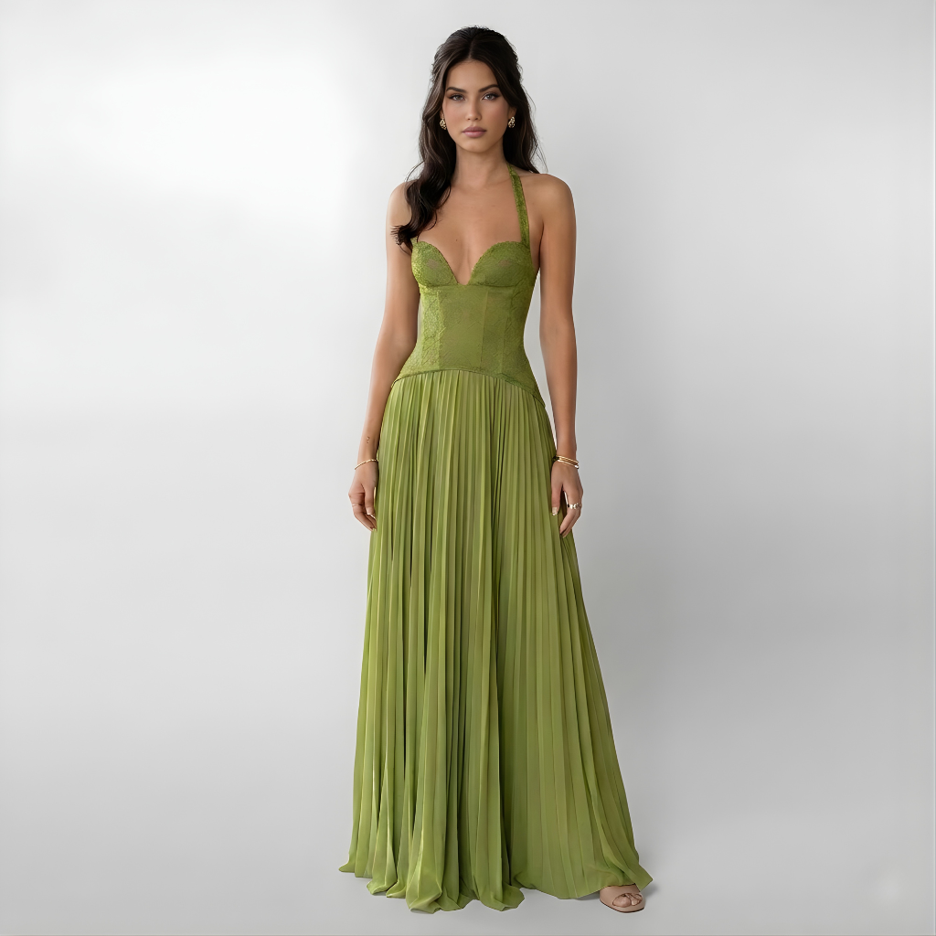 Gaia | Damen Spitzenkleid Plisseerock Maxi – Spitze Plissee Maxikleid Elegant 2026