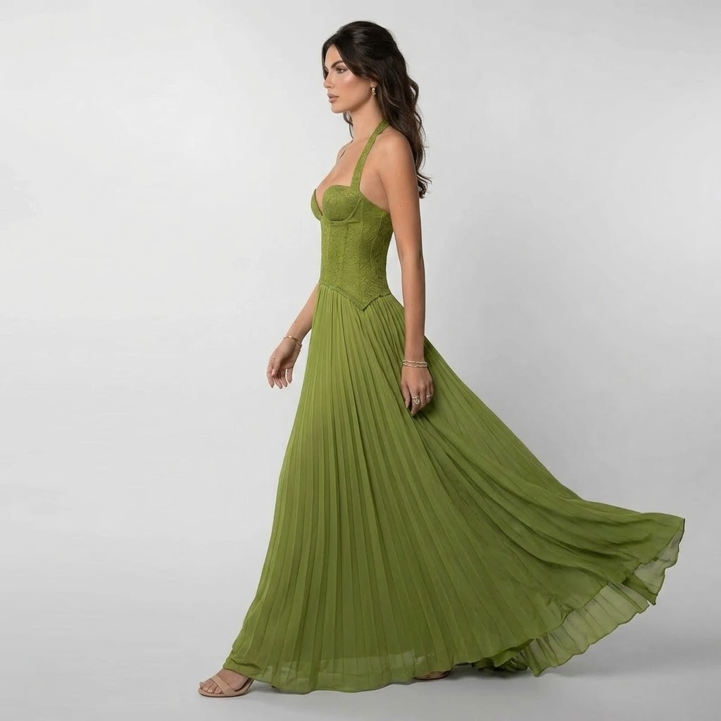 Gaia | Damen Spitzenkleid Plisseerock Maxi – Spitze Plissee Maxikleid Elegant 2026