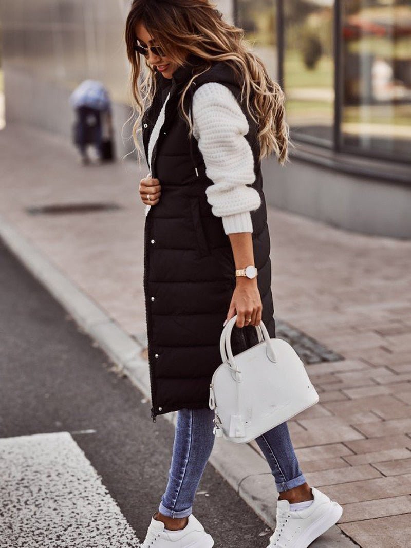 Daniela | Damen Lange Kapuzen Stepp Puffer Weste für den Winter