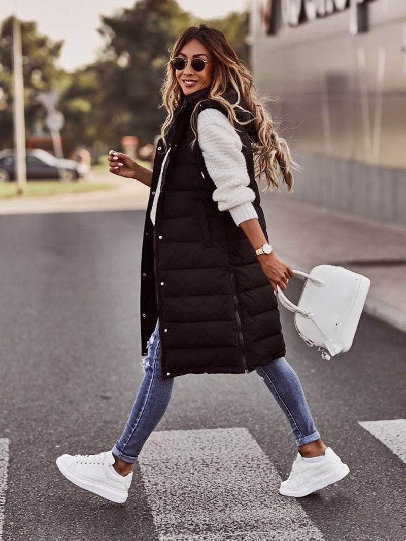 Daniela | Damen Lange Kapuzen Stepp Puffer Weste für den Winter