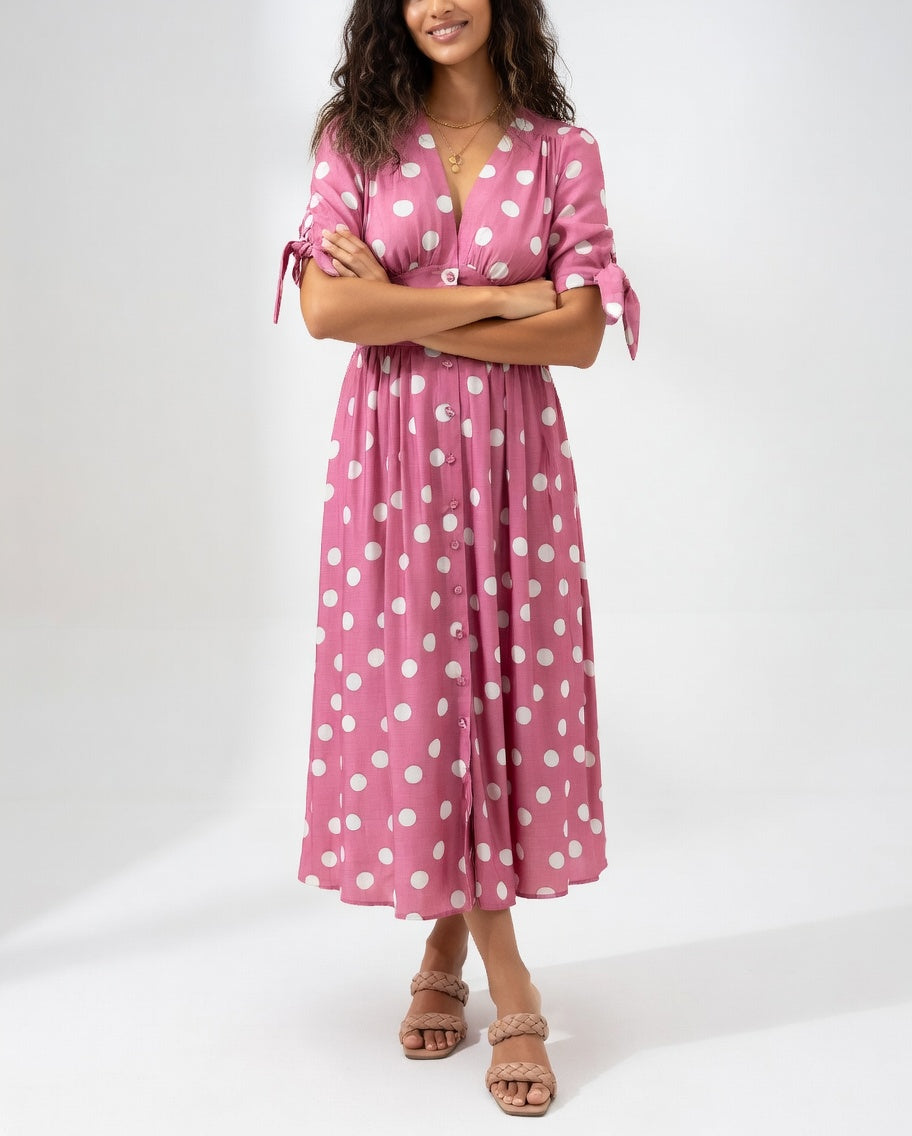 Fabienne - Elegantes Midi Kleid Mit Polka Dot Muster