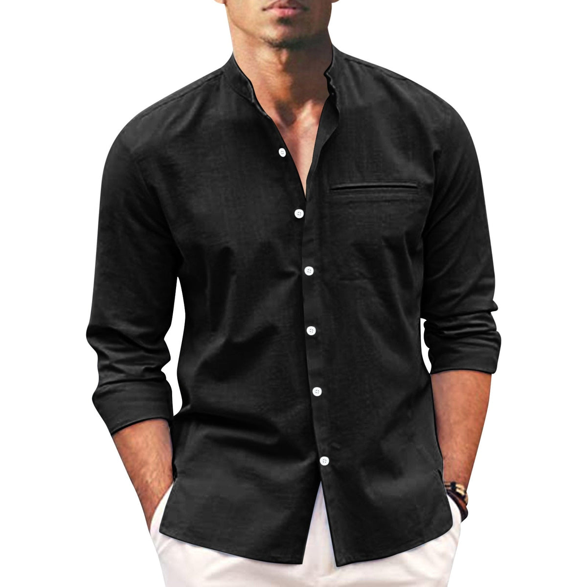 Polohemd Herren | Lässiger Stehkragen & Slim-Fit Langarm im Leinen-Look