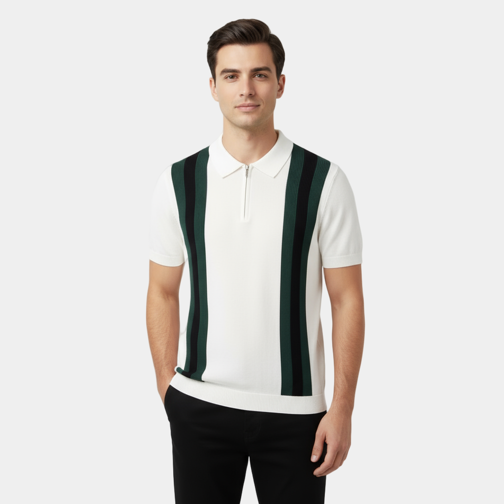 Poloshirt Herren | Retro Strick-Polo mit Kontraststreifen & Reißverschluss