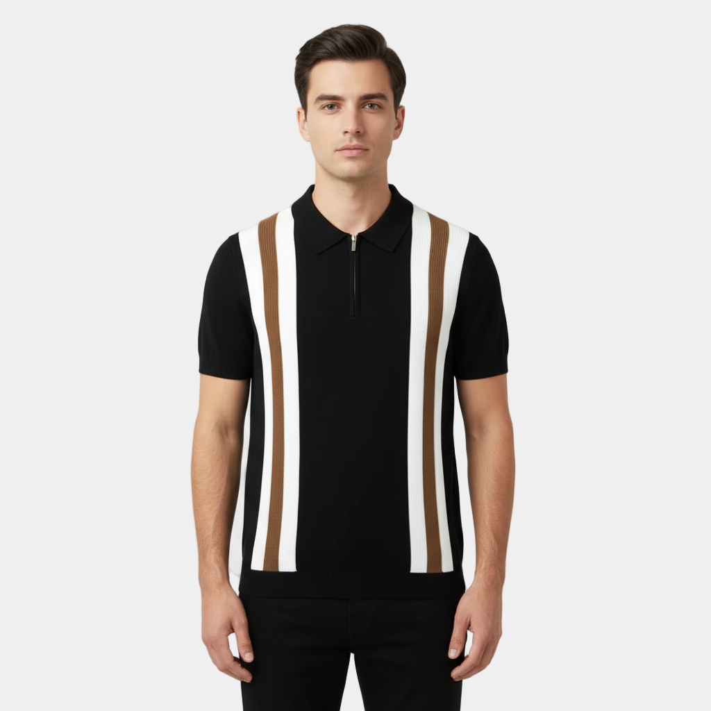 Poloshirt Herren | Retro Strick-Polo mit Kontraststreifen & Reißverschluss