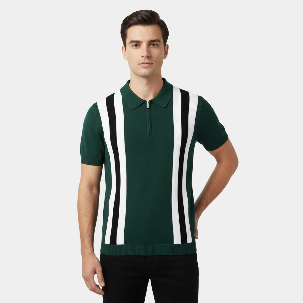 Poloshirt Herren | Retro Strick-Polo mit Kontraststreifen & Reißverschluss