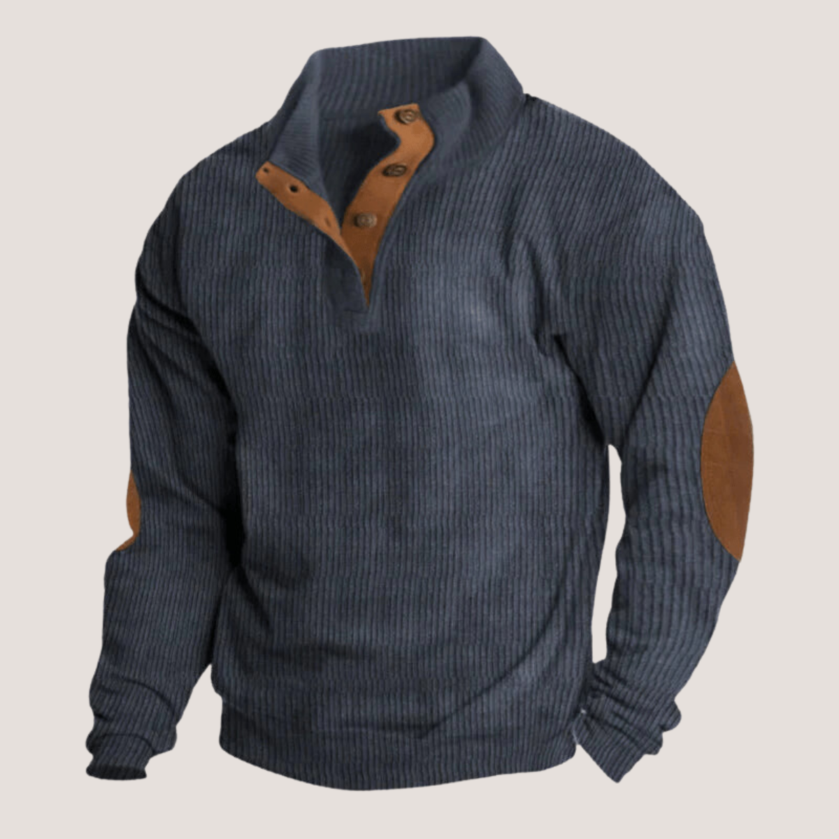 Pullover Herren | Stehkragen Pullover | Variable Kragenöffnung & Ellbogen-Patches
