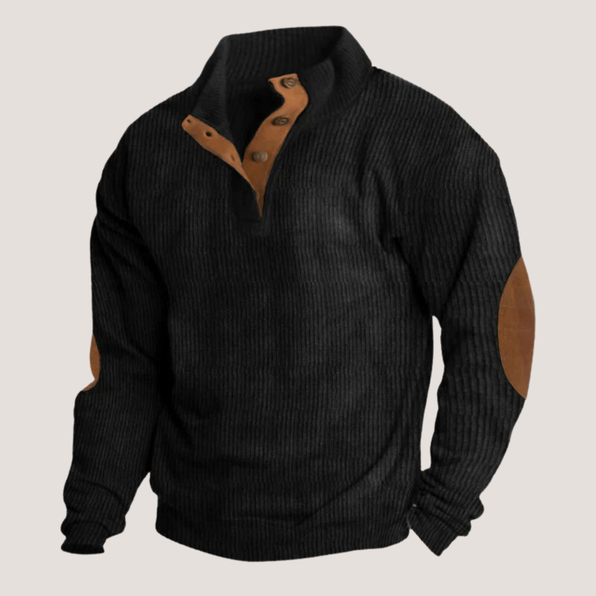 Pullover Herren | Stehkragen Pullover | Variable Kragenöffnung & Ellbogen-Patches