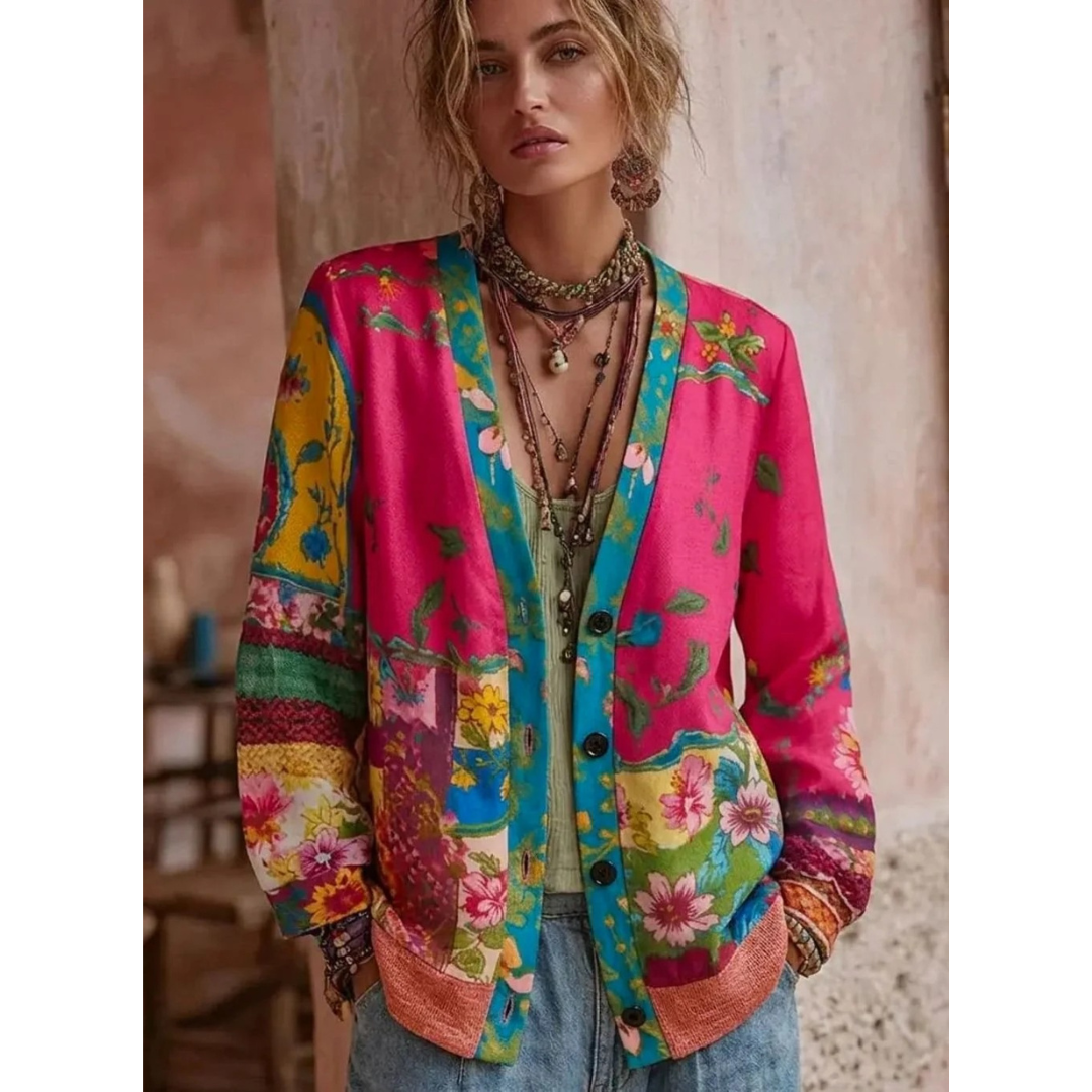 Ricarda | Damen Rosa Strickjacke mit Blumenmuster, Knöpfen und Langarm