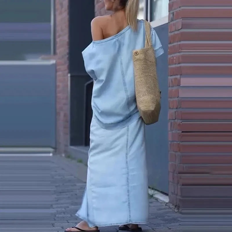 Capri Bleu™ Set mit Asymmetrischem Oberteil und Leichtem Jeansrock