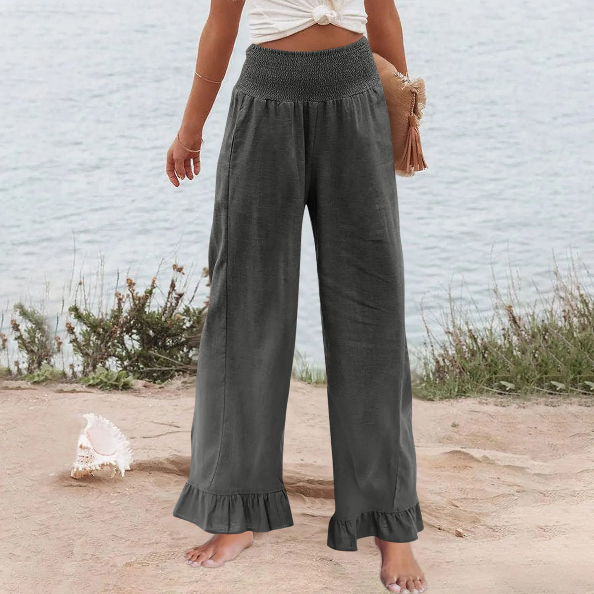 Hose Alva™ aus Leinen-Baumwoll-Mix mit hohem Smokbund und Volantsaum