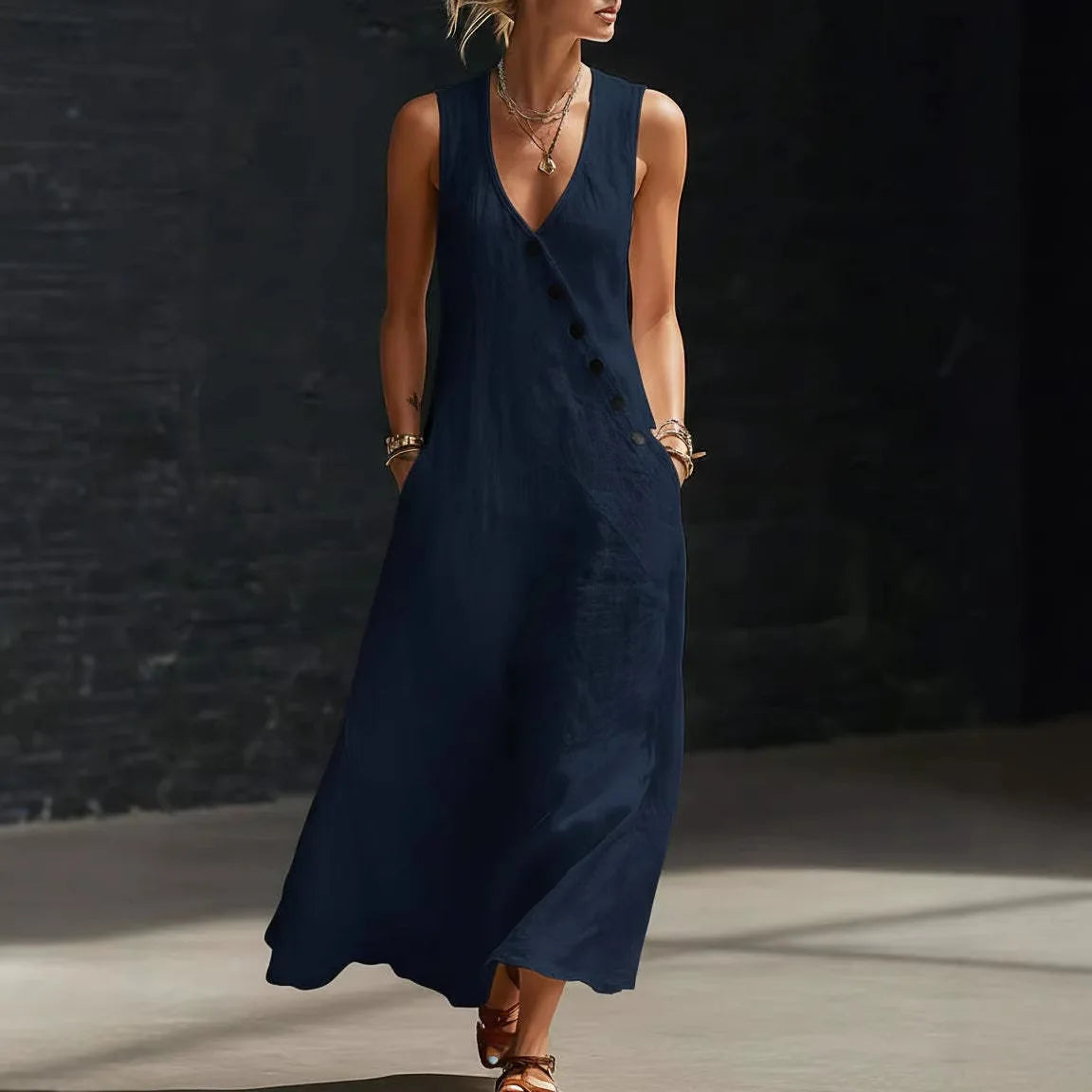 Antonella™ Midikleid mit Eleganten Knöpfen und V-Ausschnitt