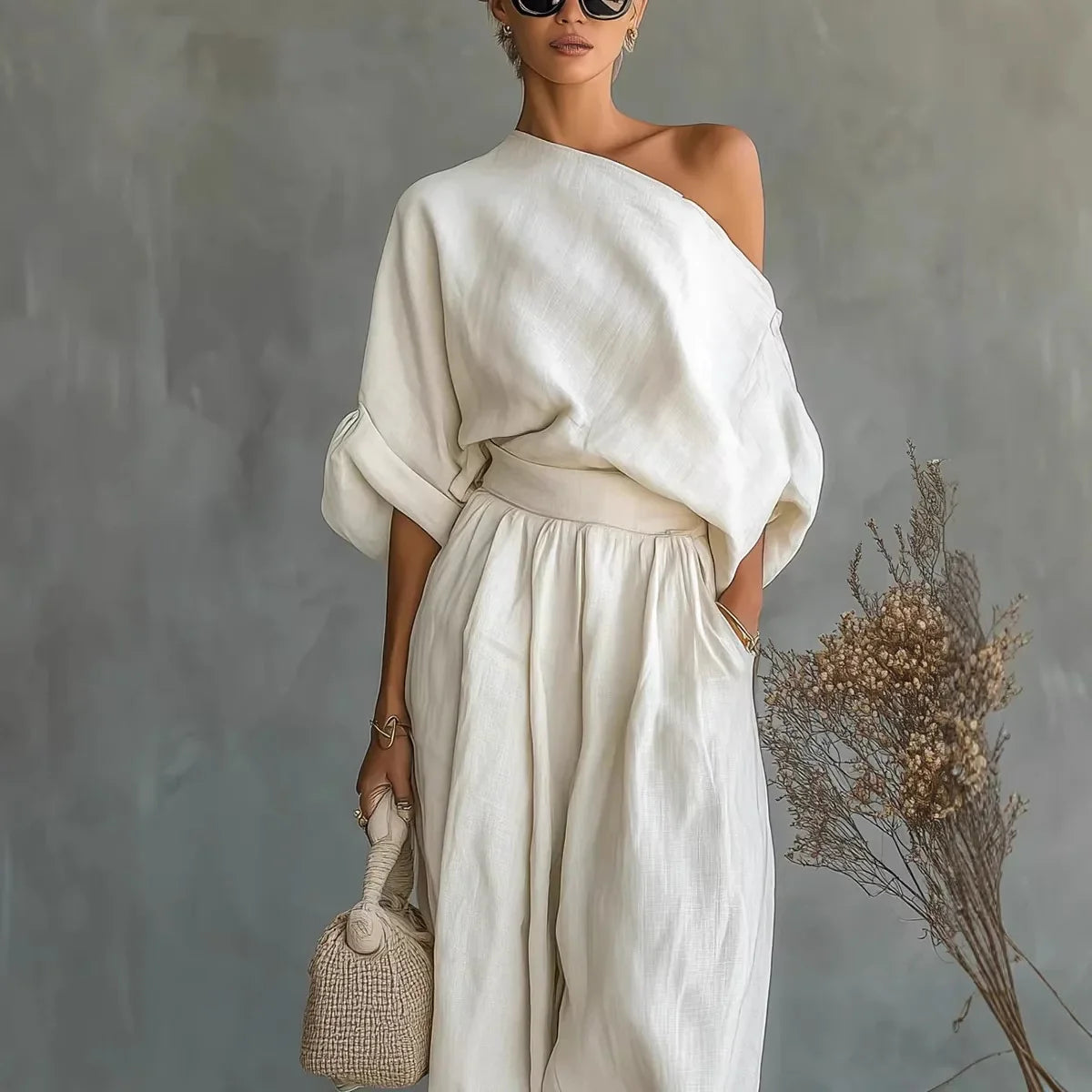 Linnea™ Set mit One-Shoulder-Top und hoch taillierter Hose mit Bündchensaum