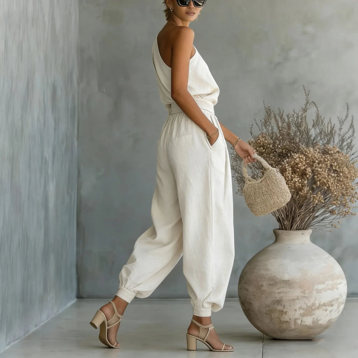Linnea™ Set mit One-Shoulder-Top und hoch taillierter Hose mit Bündchensaum