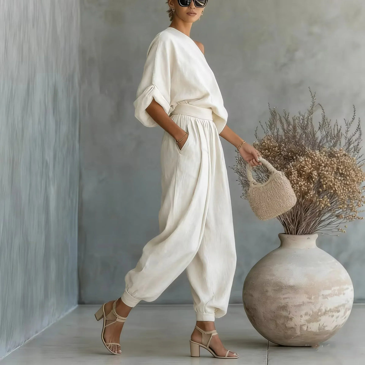 Linnea™ Set mit One-Shoulder-Top und hoch taillierter Hose mit Bündchensaum