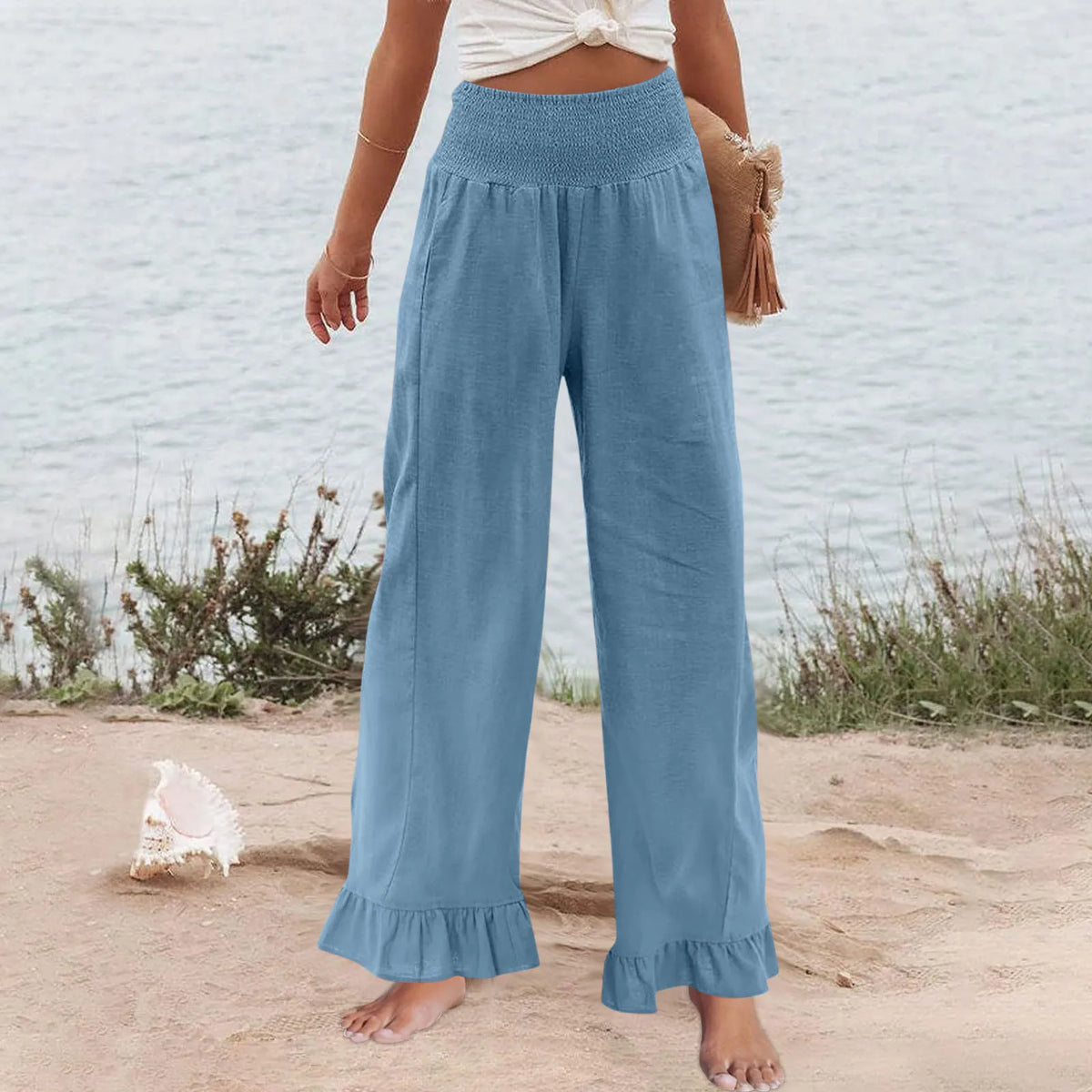 Hose Alva™ aus Leinen-Baumwoll-Mix mit hohem Smokbund und Volantsaum