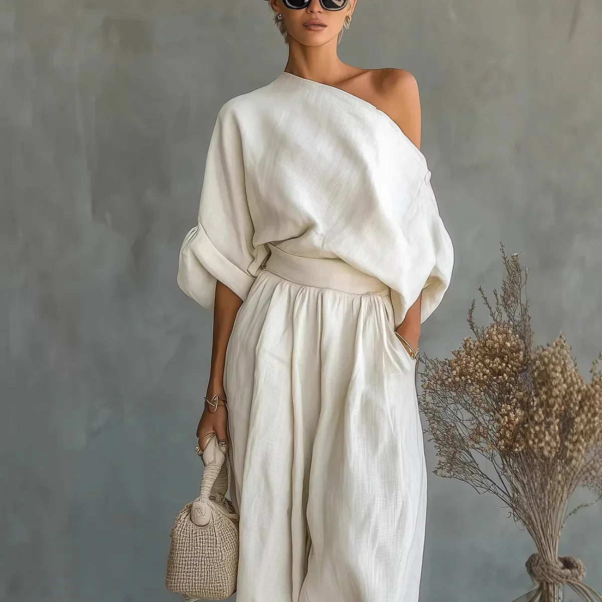 Linnea™ Set mit One-Shoulder-Top und hoch taillierter Hose mit Bündchensaum