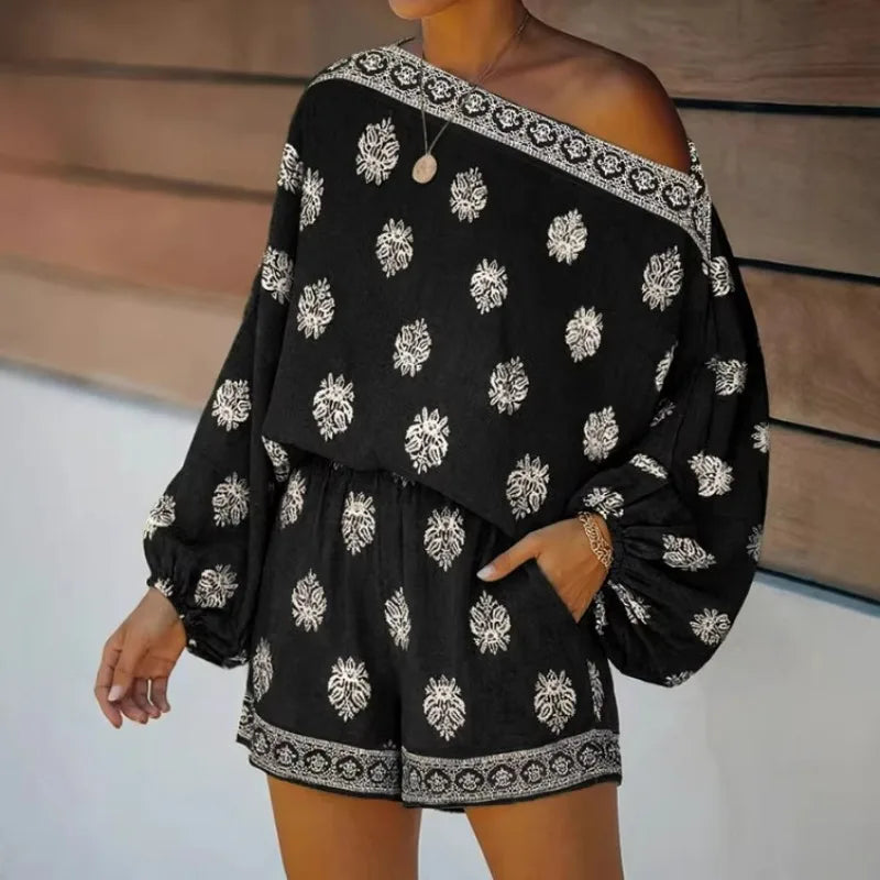 Maravie™ Kurzer Jumpsuit Mit Schulterfreiem Ausschnitt Und Boho-Chic-Muster