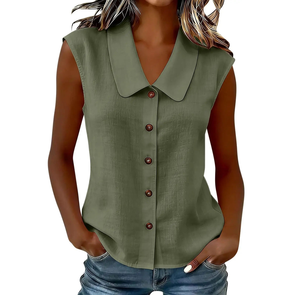 Celinea™ Baumwoll-Leinen-Bluse Mit Elegantem Kragen Und Vorderen Knöpfen