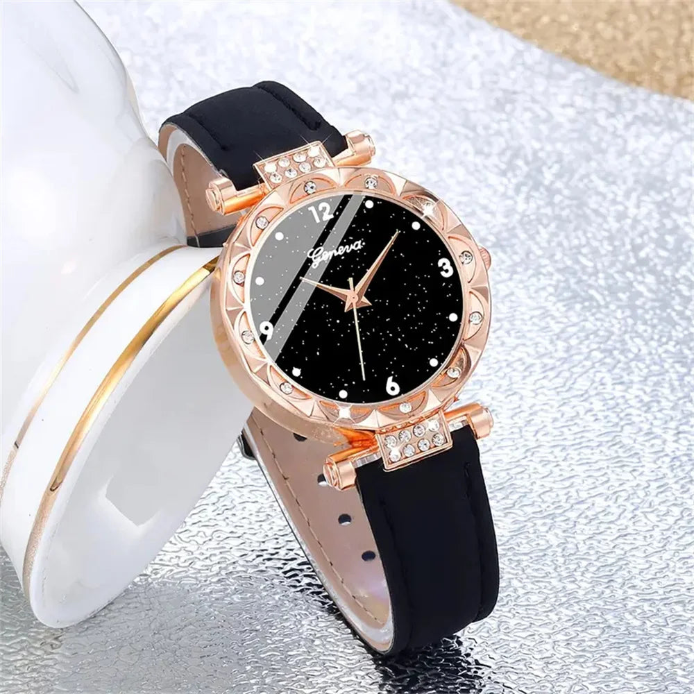 🔥 3 STÜCK ZUM PREIS VON 1 🔥 4-Teiliges Goldenes Uhren-Set Mit Passender Halskette, Ohrringen, Ring Und Armband / Vervollständigen Sie Ihren Look Mit Müheloser Eleganz