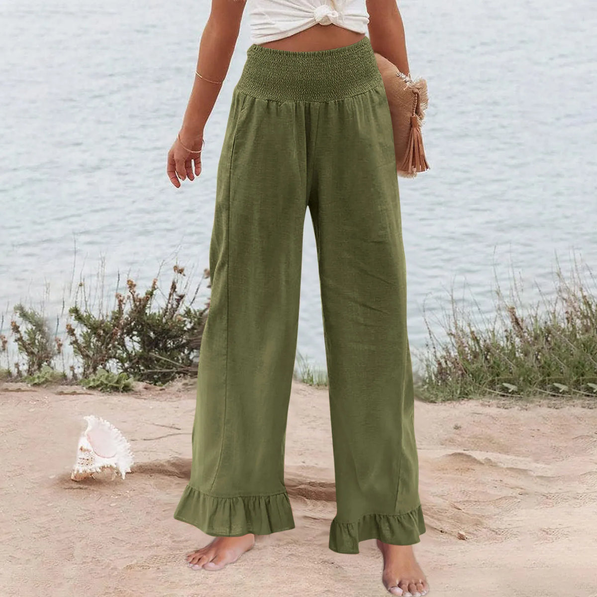 Hose Alva™ aus Leinen-Baumwoll-Mix mit hohem Smokbund und Volantsaum