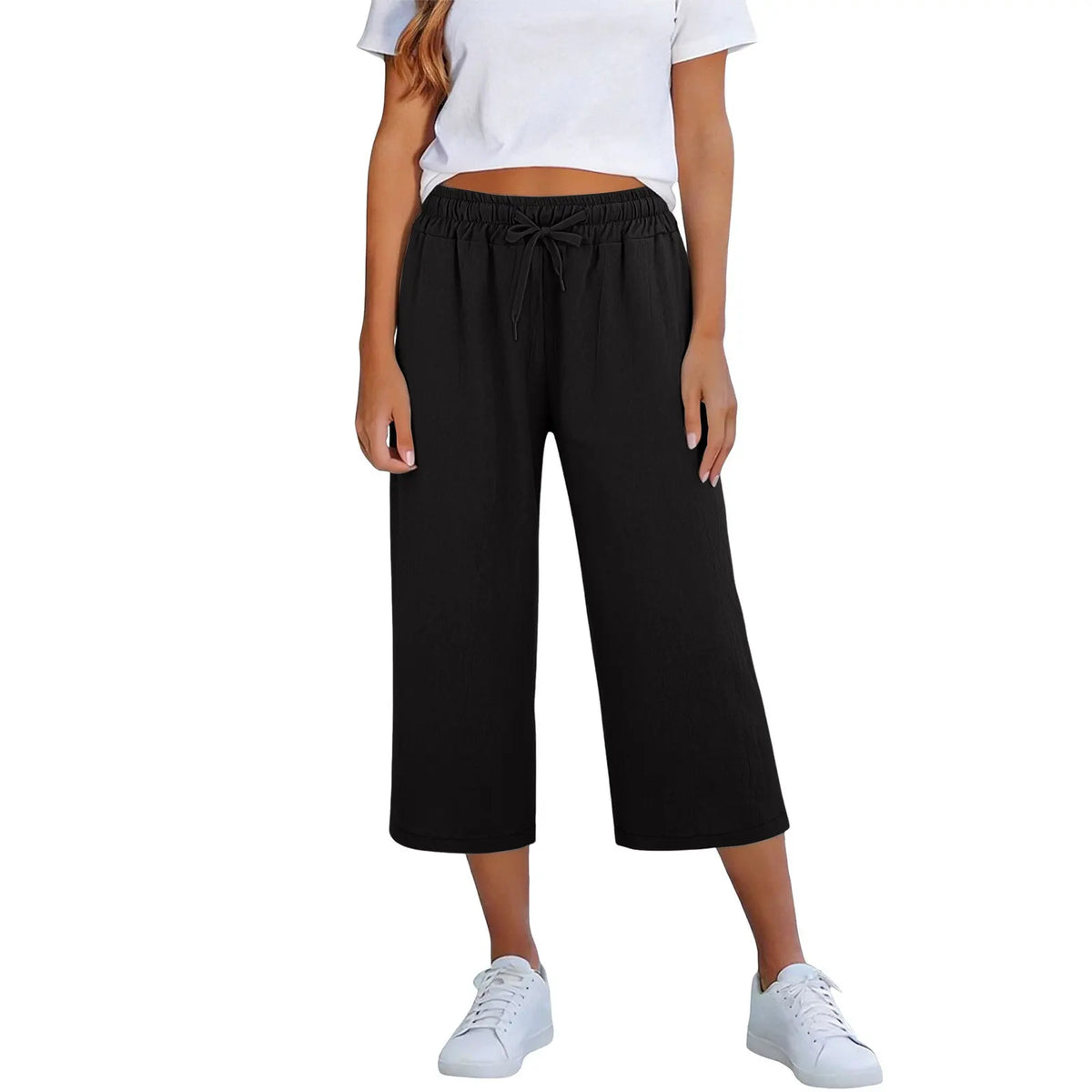 Lisia™ Pantacourt-Hose Aus Baumwoll-Leinen Mit Elastischem Bund Und Verstellbarem Kordelzug