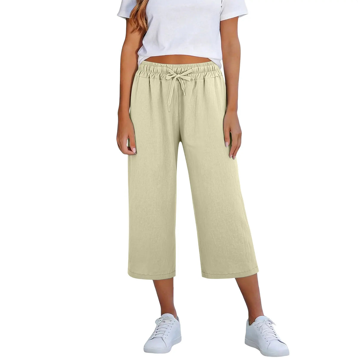 Lisia™ Pantacourt-Hose Aus Baumwoll-Leinen Mit Elastischem Bund Und Verstellbarem Kordelzug