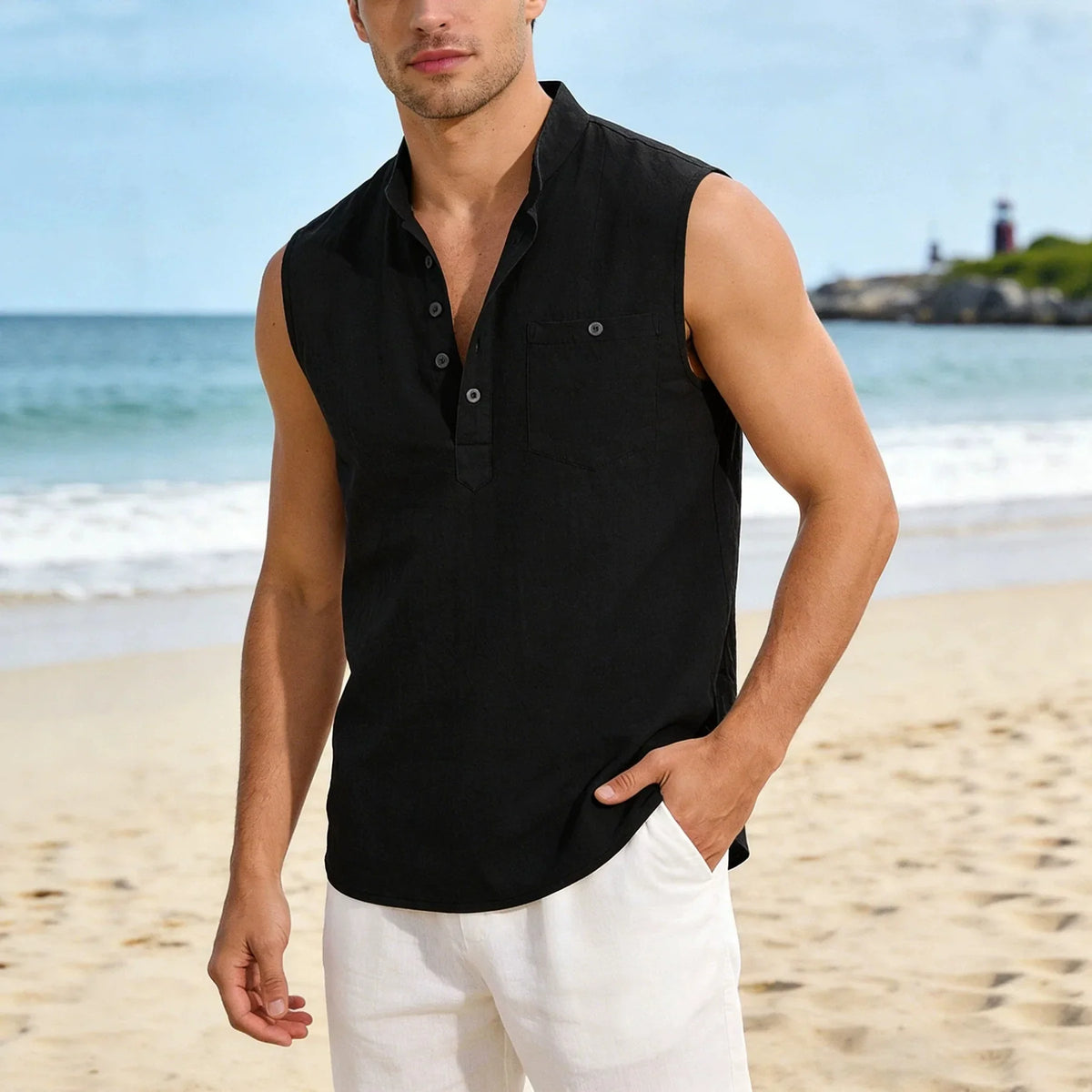 Sebastien™ Tanktop aus Baumwoll-Leinen mit Stehkragen