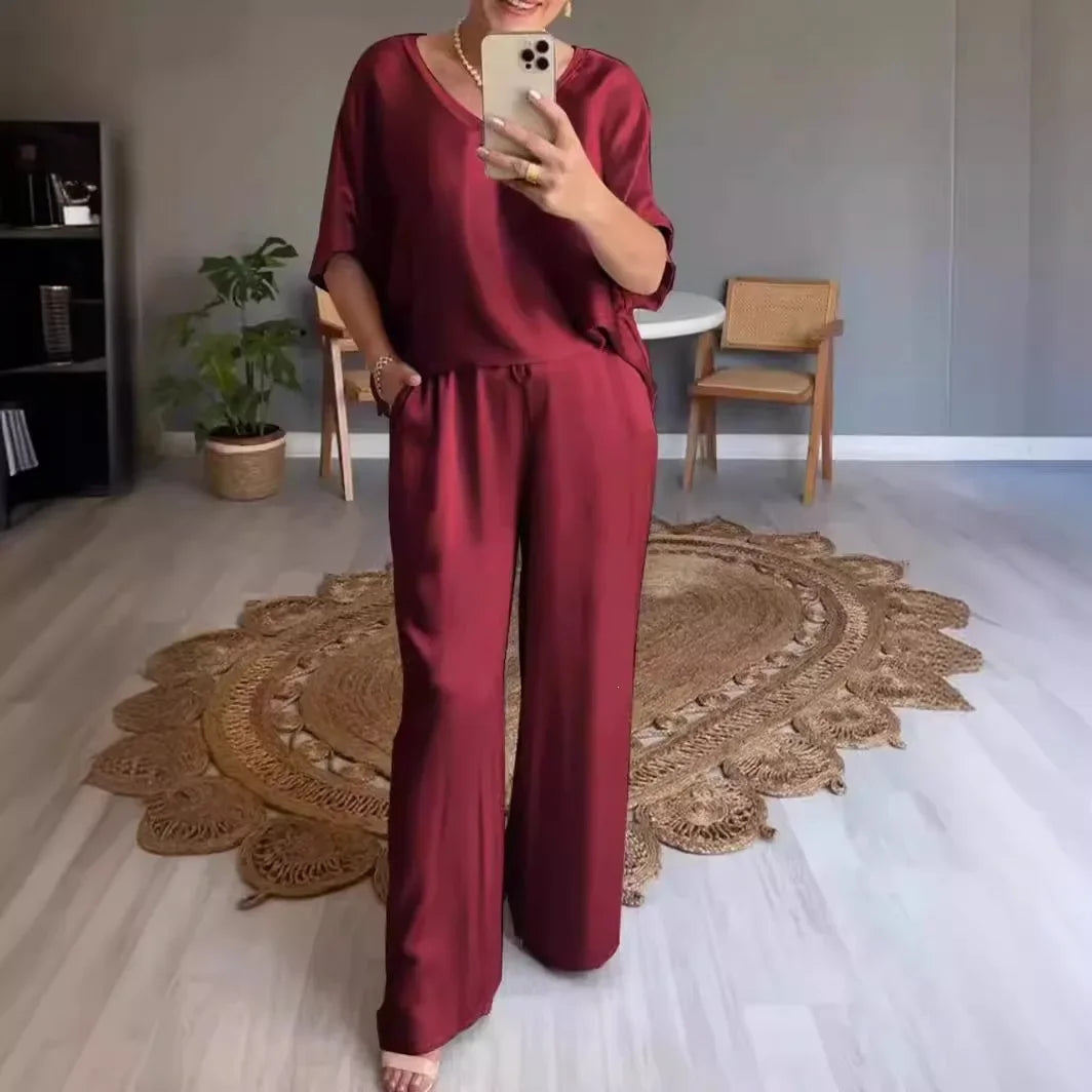 Marevielle™ Set Aus Satinartigem Stoff Mit Lockerer Bluse und Fließender Pantalonhose