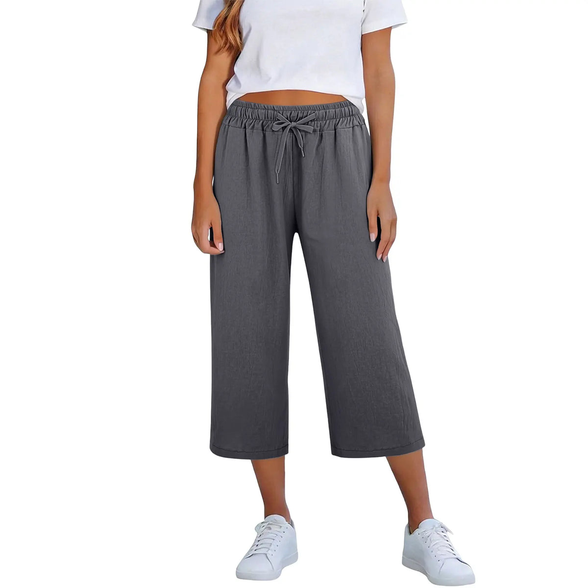 Lisia™ Pantacourt-Hose Aus Baumwoll-Leinen Mit Elastischem Bund Und Verstellbarem Kordelzug