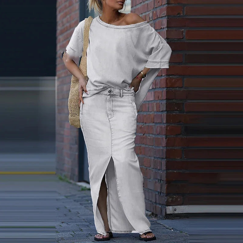 Capri Bleu™ Set mit Asymmetrischem Oberteil und Leichtem Jeansrock