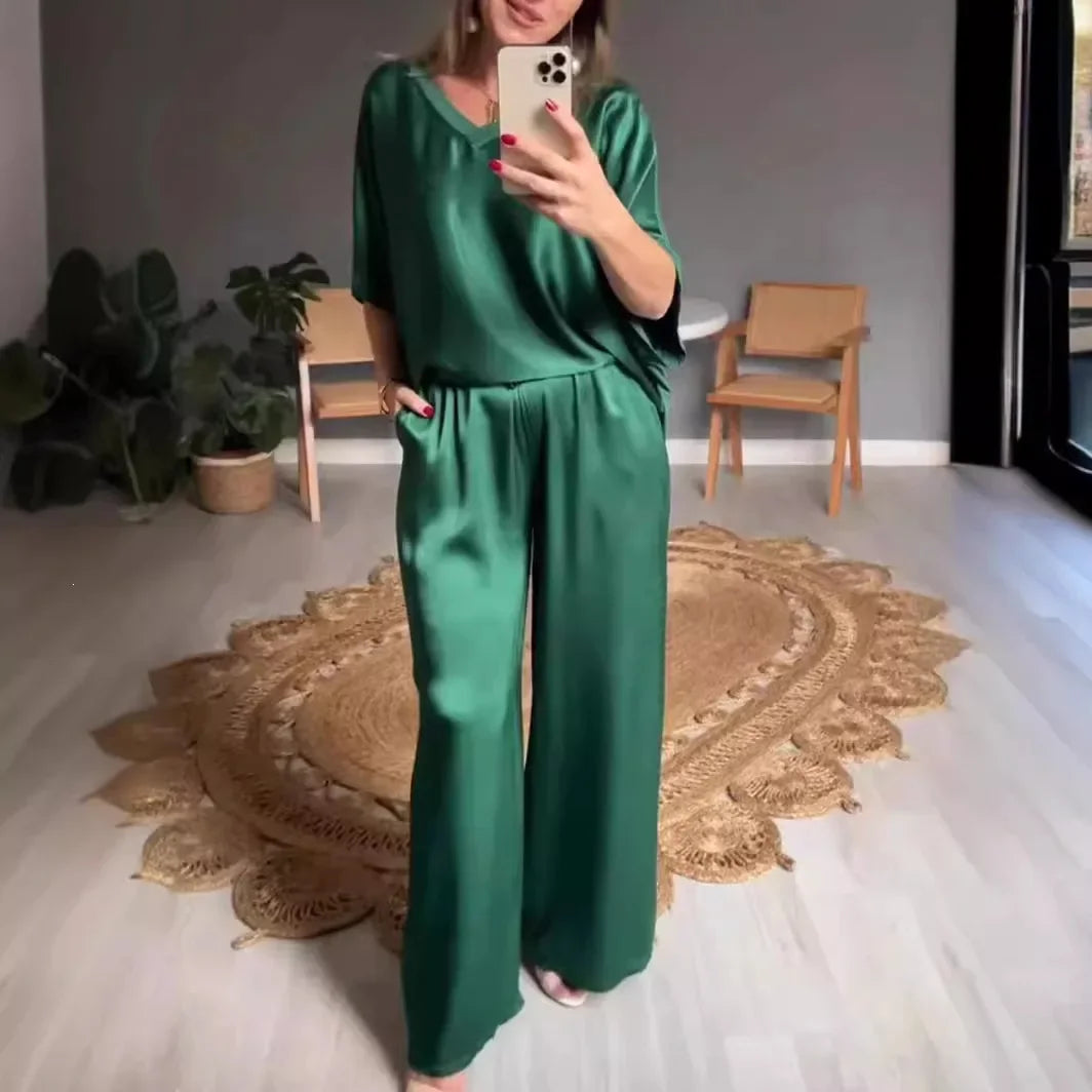 Marevielle™ Set Aus Satinartigem Stoff Mit Lockerer Bluse und Fließender Pantalonhose