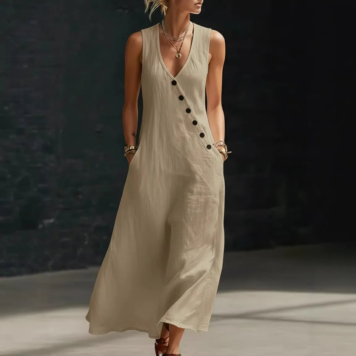 Antonella™ Midikleid mit Eleganten Knöpfen und V-Ausschnitt