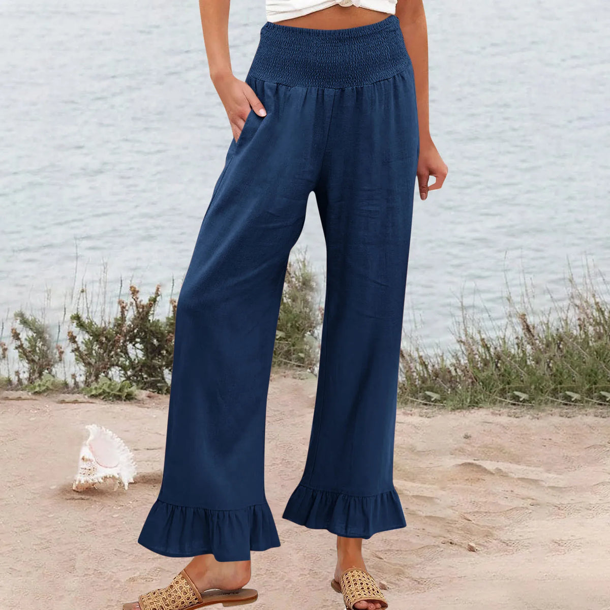 Hose Alva™ aus Leinen-Baumwoll-Mix mit hohem Smokbund und Volantsaum