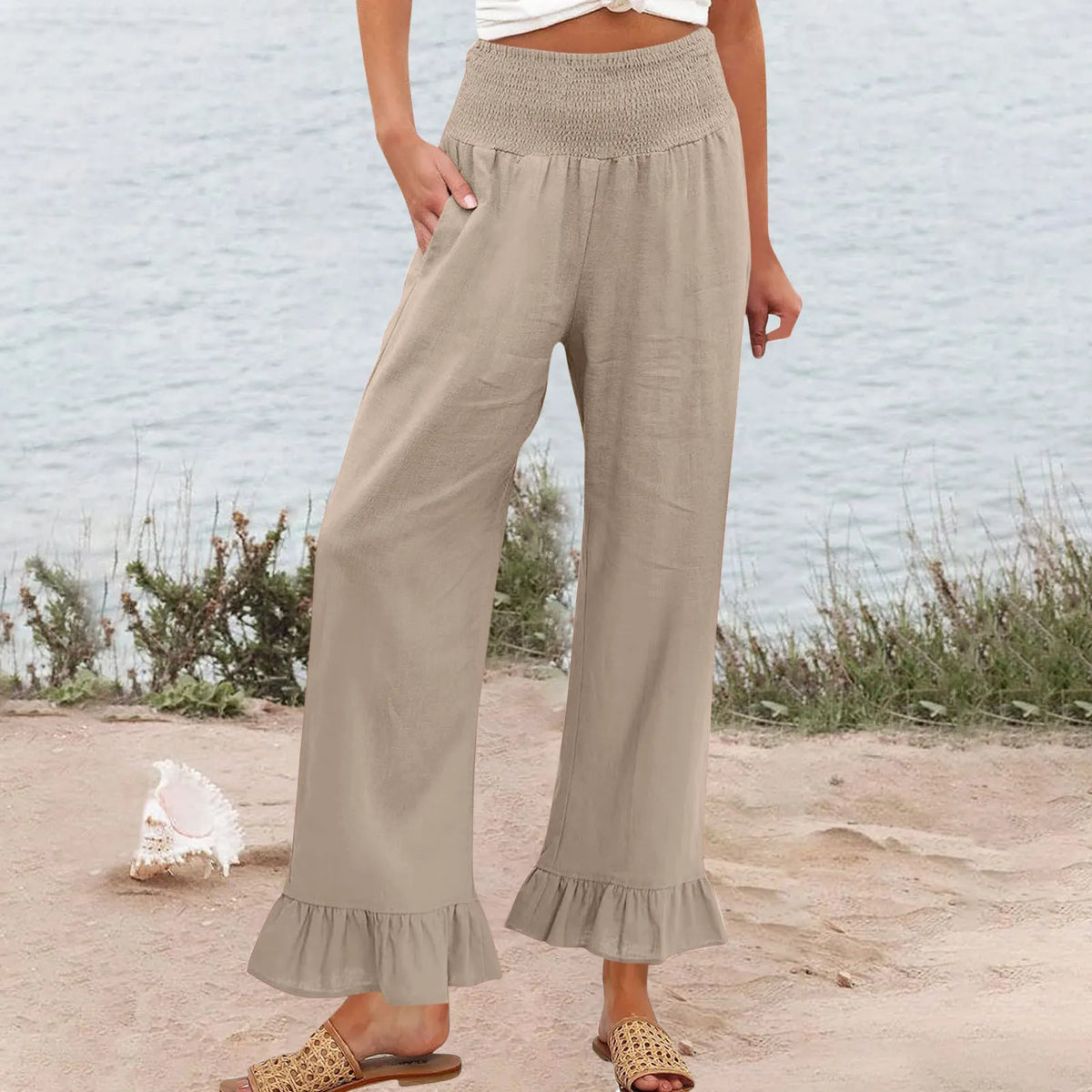 Hose Alva™ aus Leinen-Baumwoll-Mix mit hohem Smokbund und Volantsaum