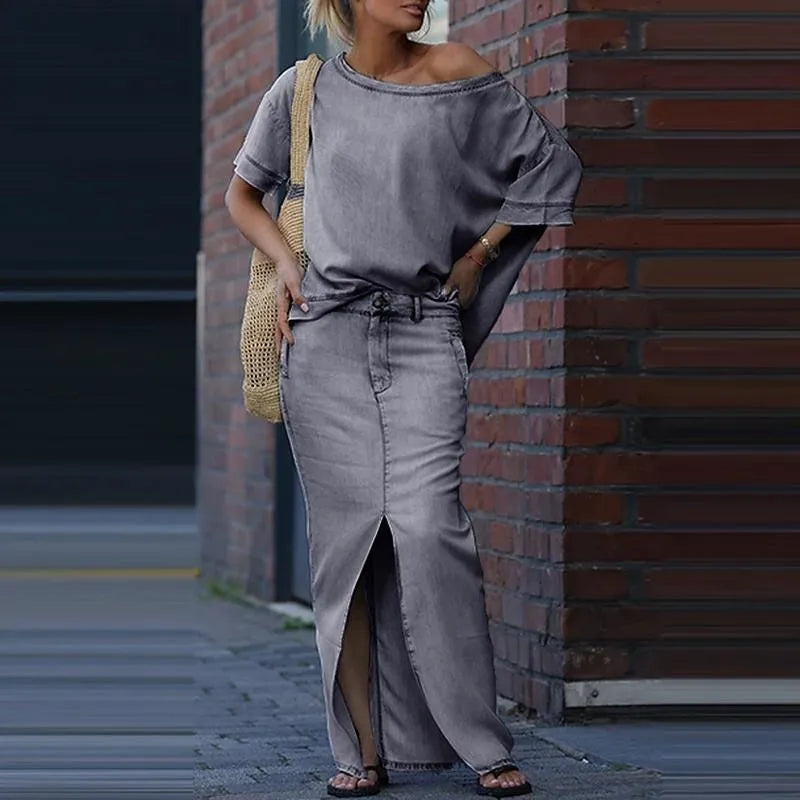 Capri Bleu™ Set mit Asymmetrischem Oberteil und Leichtem Jeansrock