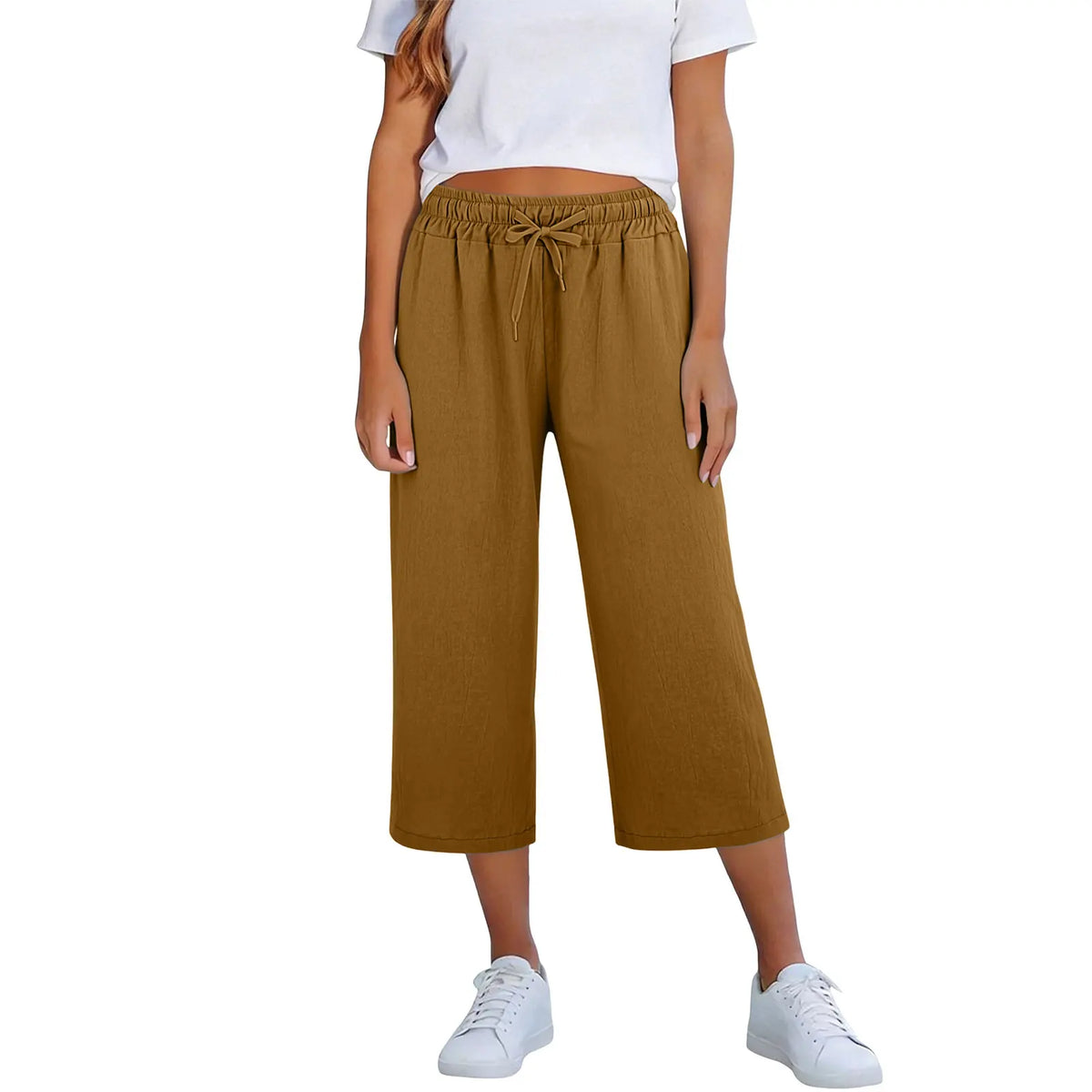 Lisia™ Pantacourt-Hose Aus Baumwoll-Leinen Mit Elastischem Bund Und Verstellbarem Kordelzug