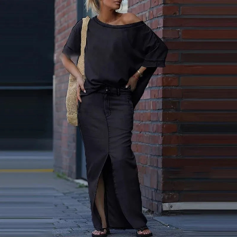 Capri Bleu™ Set mit Asymmetrischem Oberteil und Leichtem Jeansrock