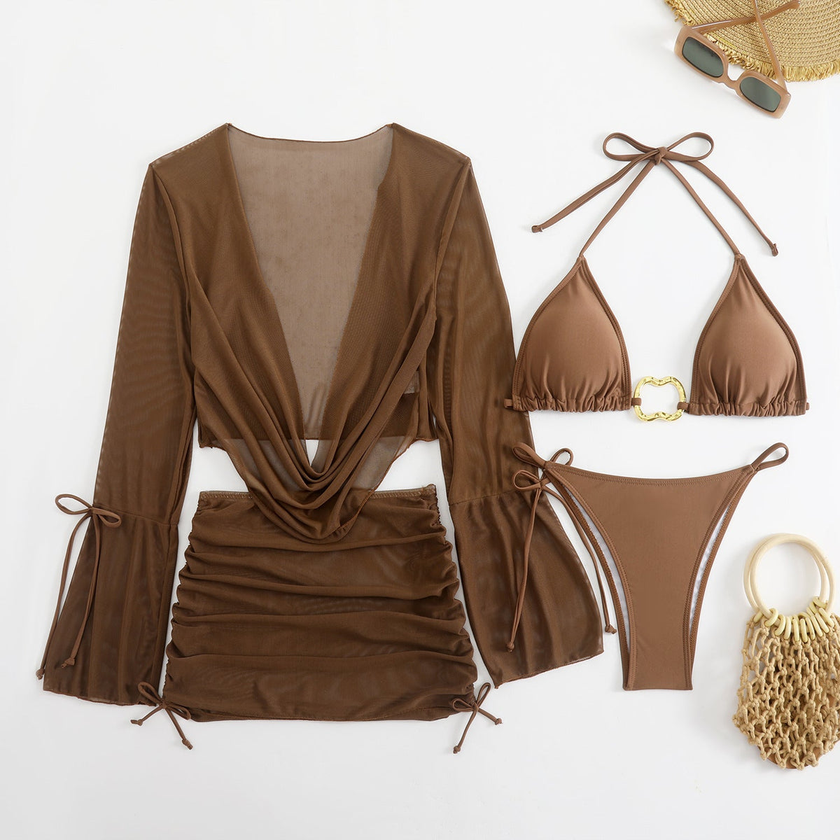 4-teiliges Damen Beachwear Set mit Bikini langärmligem Cover Up und Minirock