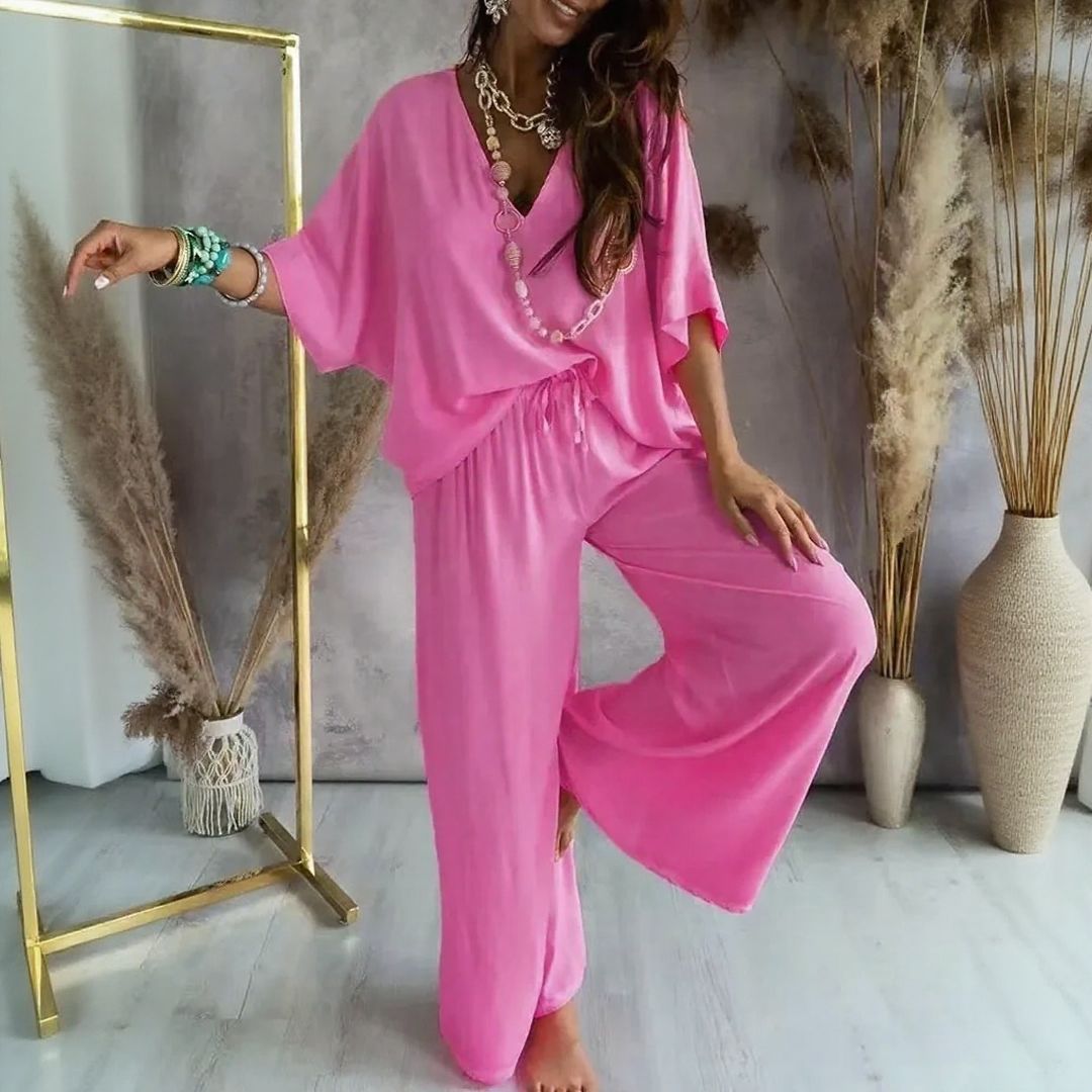 Biarritz™ Set — V-Ausschnitt-Bluse & Palazzo-Hose mit verstellbarem Kordelzugbund