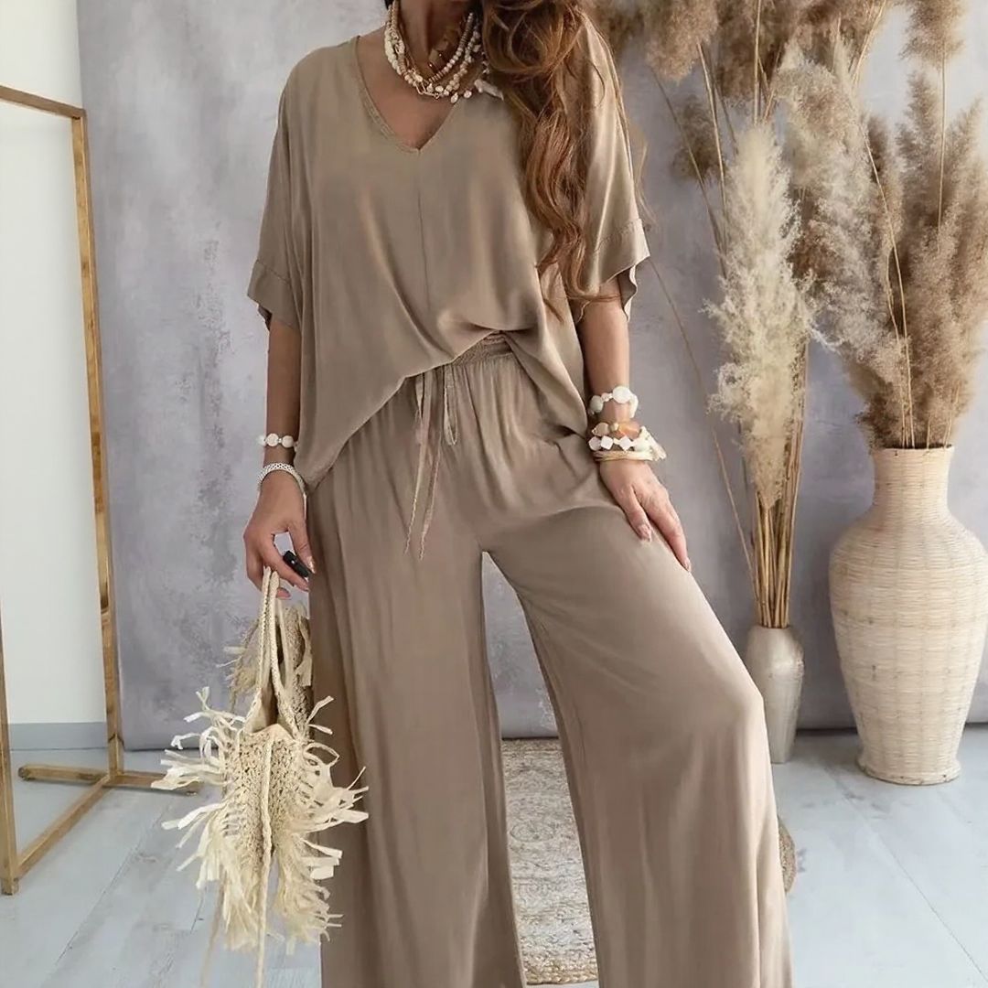 Biarritz™ Set — V-Ausschnitt-Bluse & Palazzo-Hose mit verstellbarem Kordelzugbund