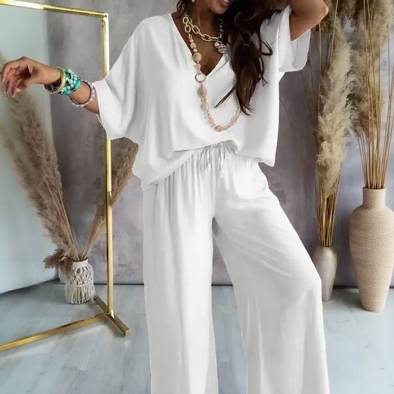 Biarritz™ Set — V-Ausschnitt-Bluse & Palazzo-Hose mit verstellbarem Kordelzugbund