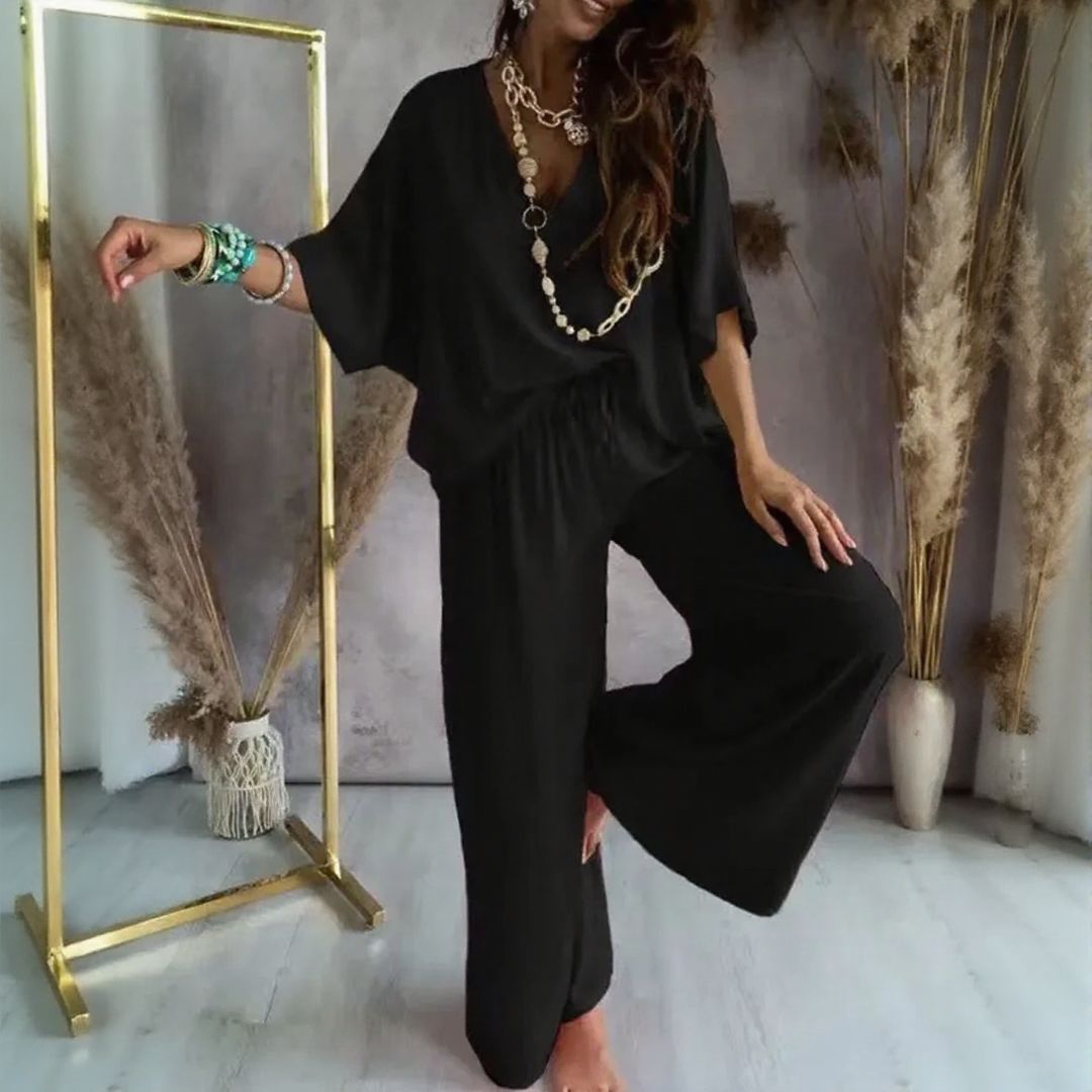 Biarritz™ Set — V-Ausschnitt-Bluse & Palazzo-Hose mit verstellbarem Kordelzugbund