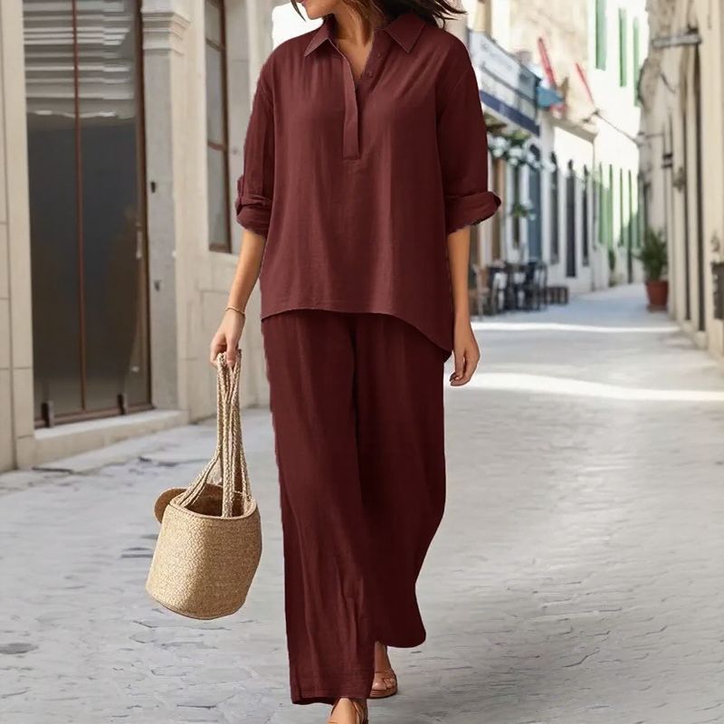 Karin™ Set Langarmbluse mit geknöpftem V-Ausschnitt und Palazzo-Hose