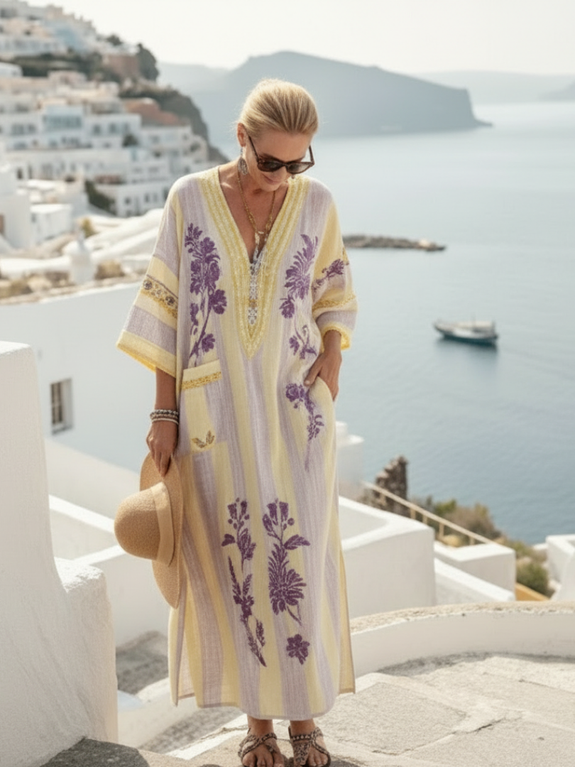 Aurelia | Damen Blumiges Maxikleid V-Ausschnitt Halblange Ärmel – Florales Maxi